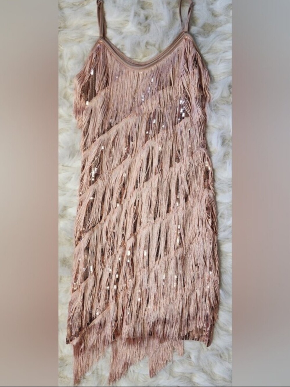 Rose Gold Sequin Fringe Dress Spaghetti Strap Statement Party Dress Size MEDIUM - Picture 3 of 3